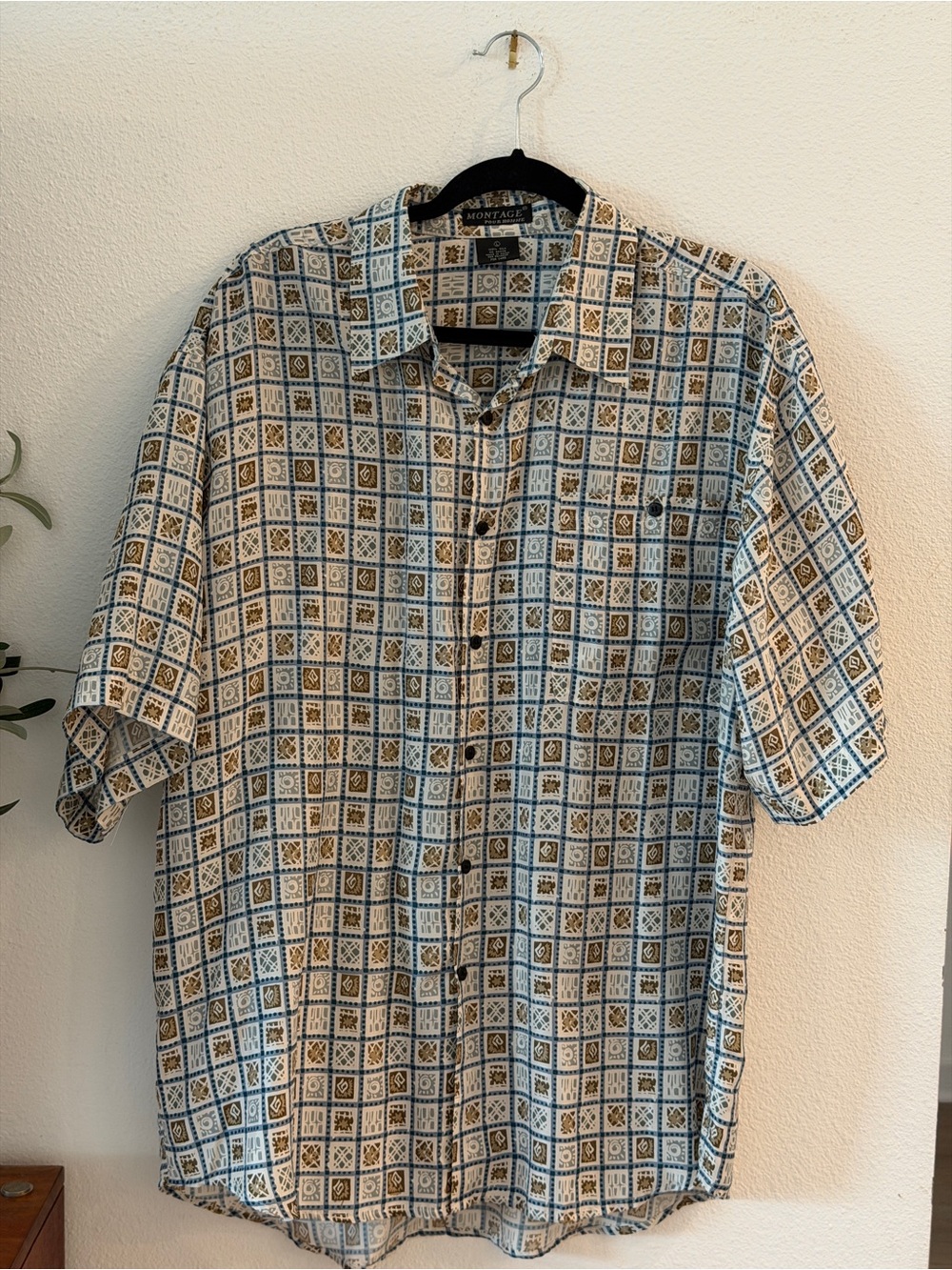 Vintage 100% silk  Montage Men's Short-Sleeve Geometric Print Shirt
